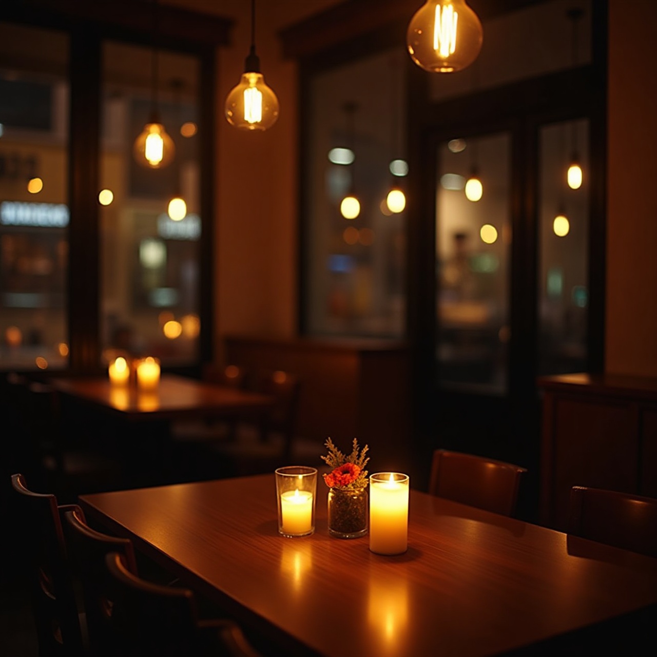 warm candle-lit dining room at night