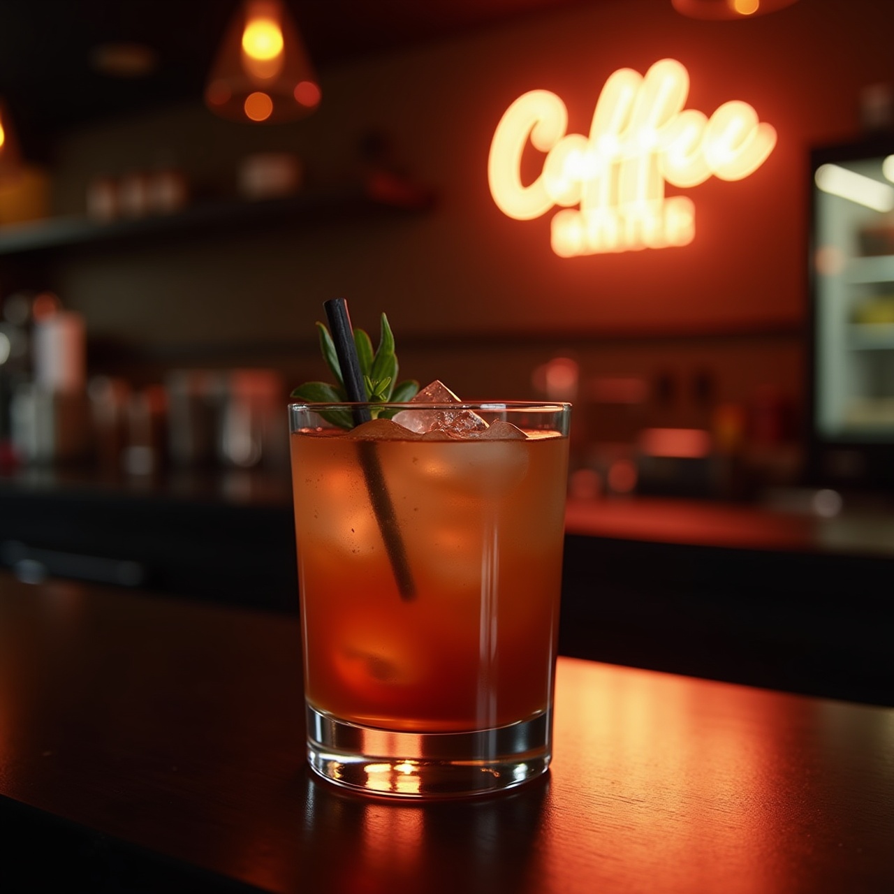 an amber cocktail on a dark bar