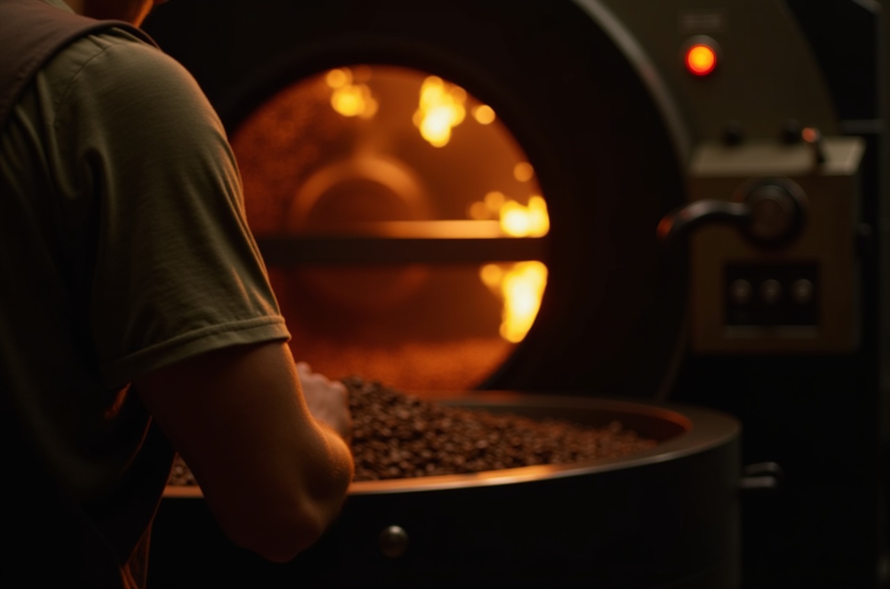 Roaster operator watching beans tumble through the roasting drum window, hand resting on the machine