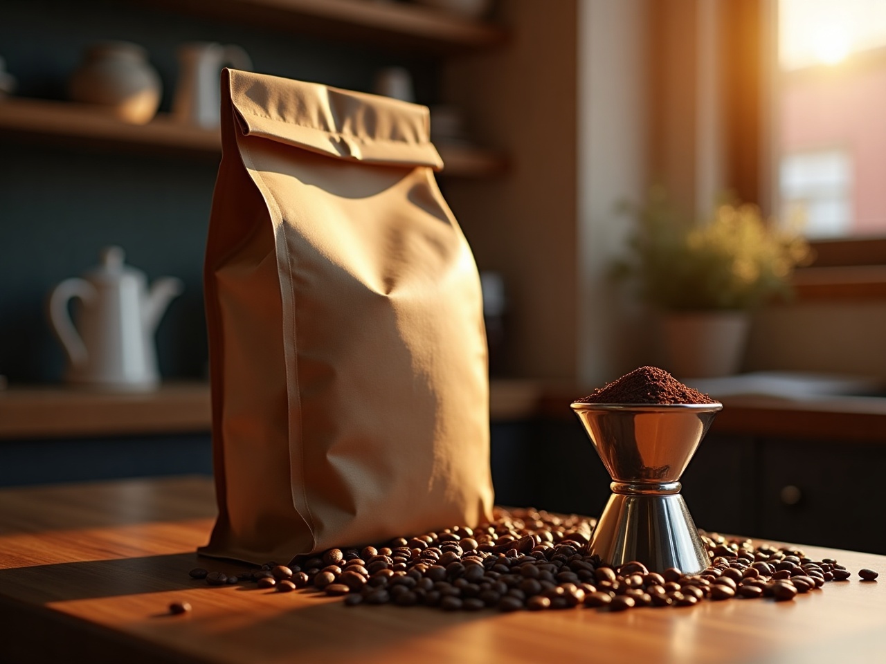 Bag of coffee beans standing next to a portafilter with a fresh puck of ground espresso