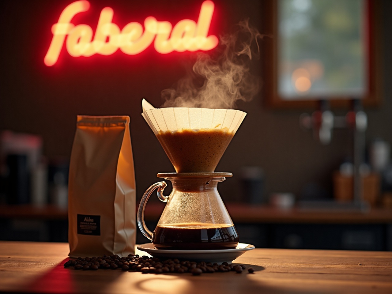 Pour-over dripper with steam rising, bag of single origin beans beside it