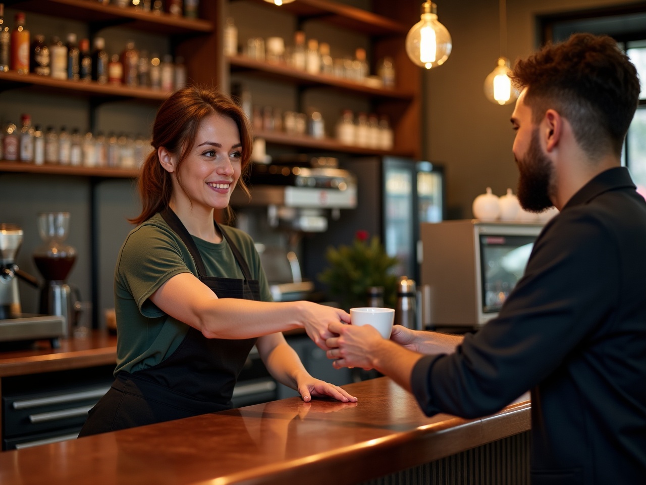 Barista handing a cup across a copper-topped counter to a customer
