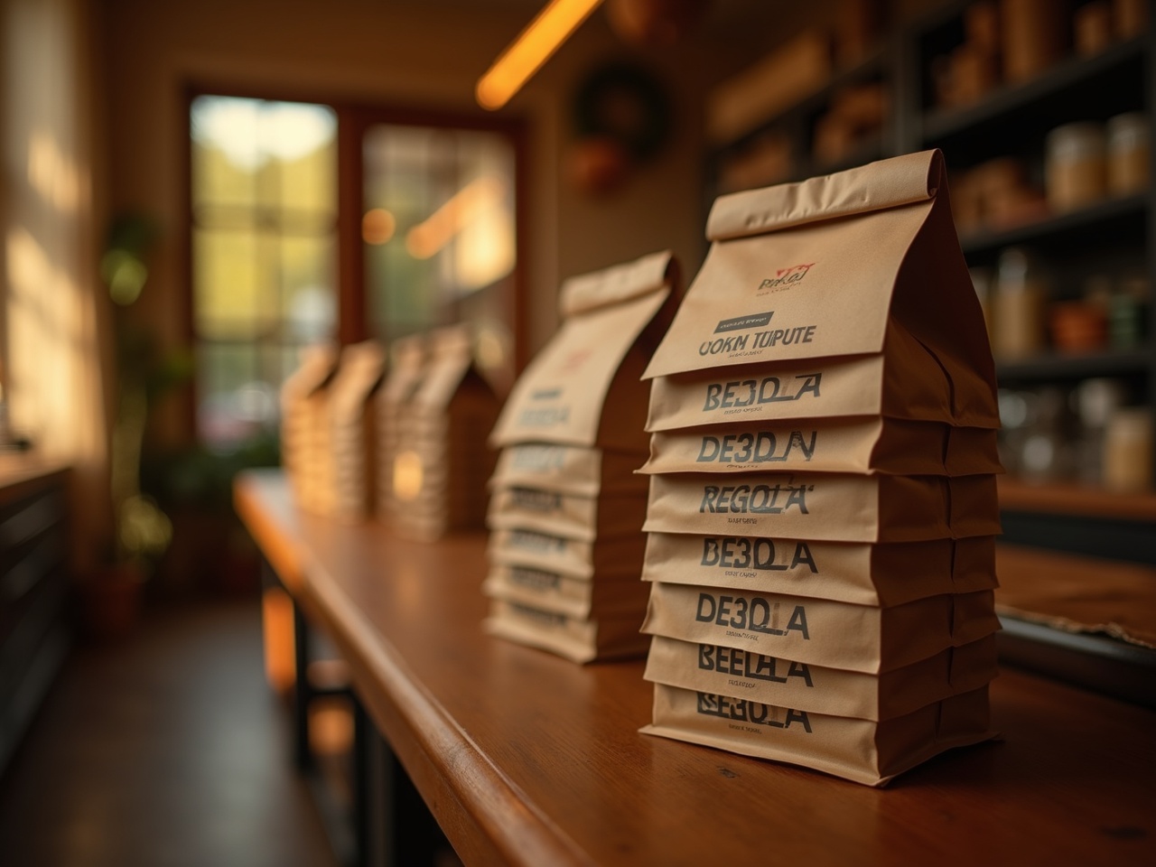 Stack of labelled coffee bags ready for post, packing table in background