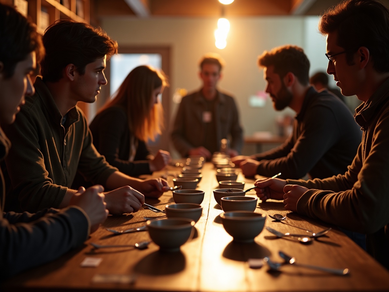 Small group at a table with rows of cupping bowls and spoons, one person leading the tasting