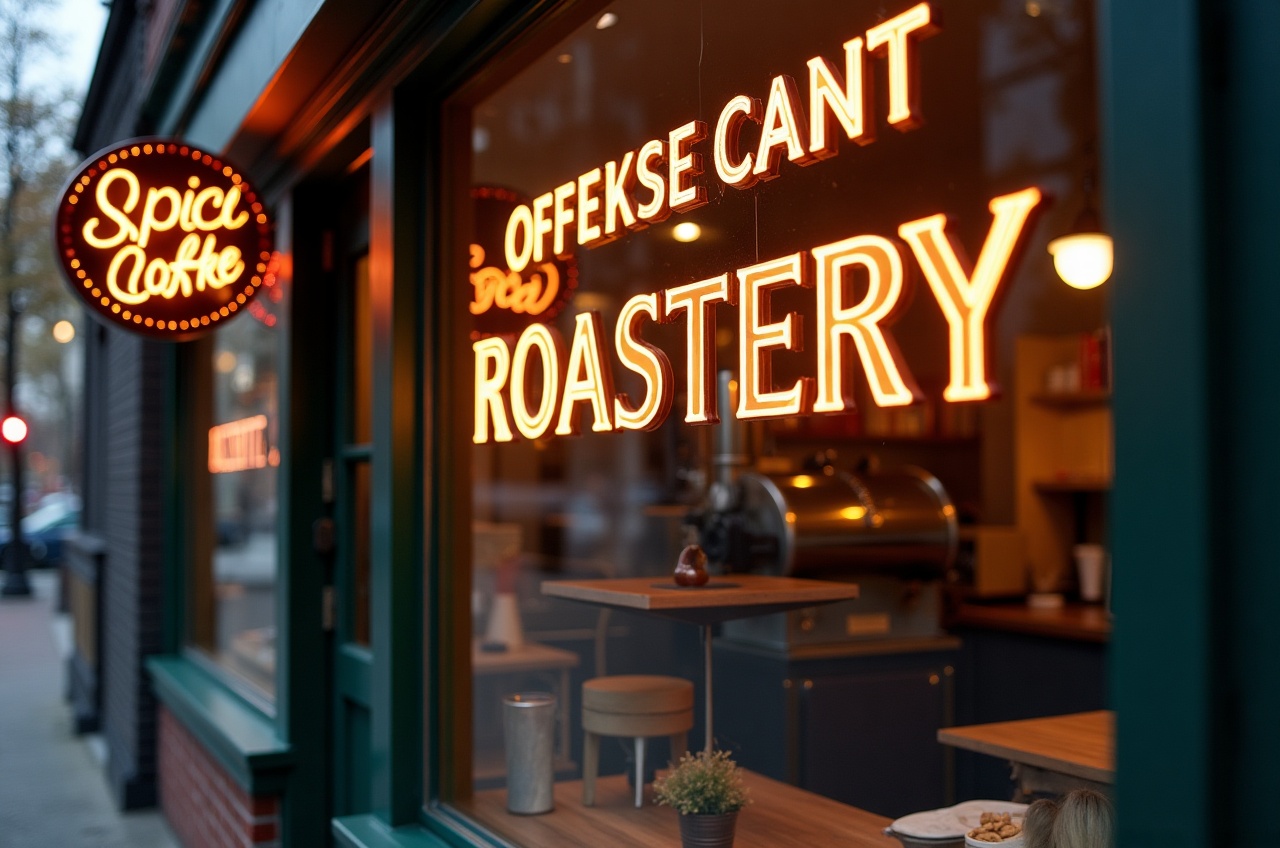 Exterior shopfront with copper-lettered sign and large windows showing the roaster inside